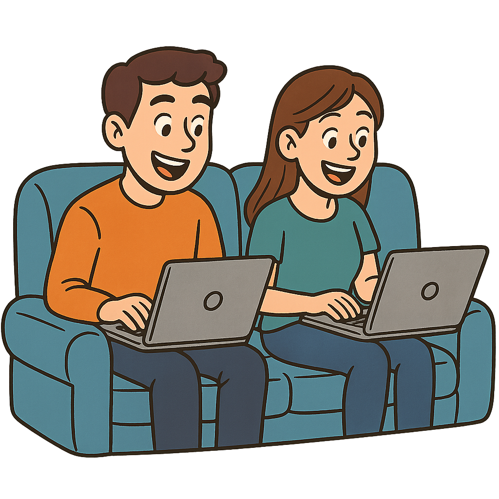 Friends chatting on a sofa with laptops